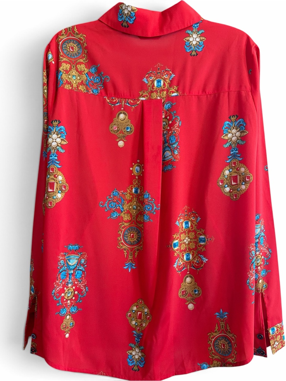 Motto Size 10 Red Baroque Jewel Print Button Down Blouse Long Sleeve Statement - Picture 4 of 7